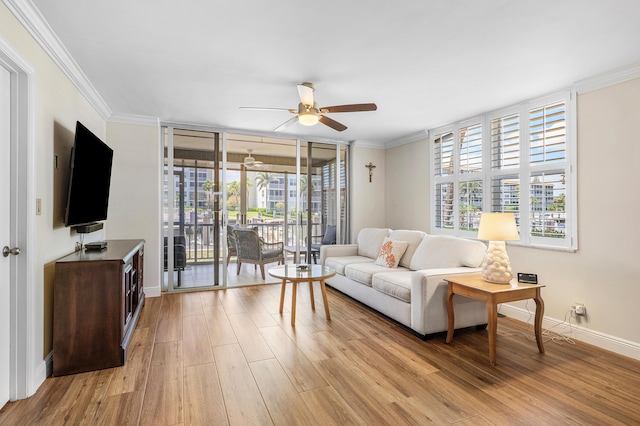 911 Gardenia Dr Unit 154, Delray Beach, FL 33483 - living area featuring a ceiling fan, crown molding, light wood-type flooring, and baseboards