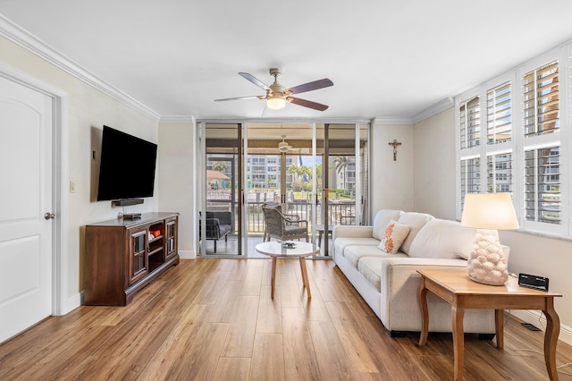 911 Gardenia Dr Unit 154, Delray Beach, FL 33483 - living area with crown molding, plenty of natural light, light wood-style flooring, and a ceiling fan