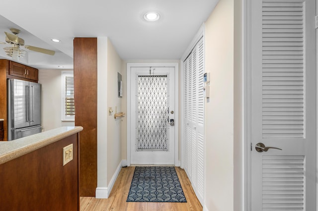 911 Gardenia Dr Unit 154, Delray Beach, FL 33483 - entryway featuring light wood finished floors, baseboards, a ceiling fan, and recessed lighting