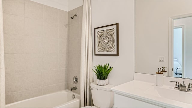 full bathroom with vanity, tub / shower combination, and toilet