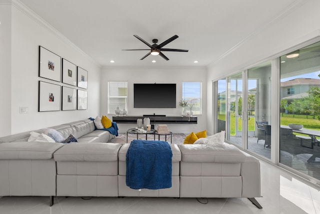 5651 Macoon Way, Westlake, FL 33470 - living room featuring light tile patterned floors, ceiling fan, crown molding, and recessed lighting
