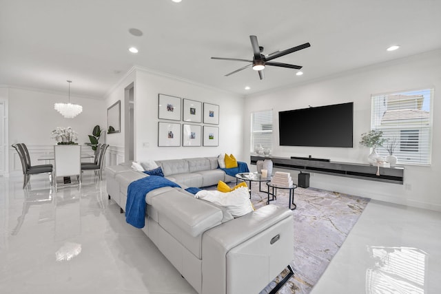 5651 Macoon Way, Westlake, FL 33470 - living room with a ceiling fan, a chandelier, crown molding, and recessed lighting