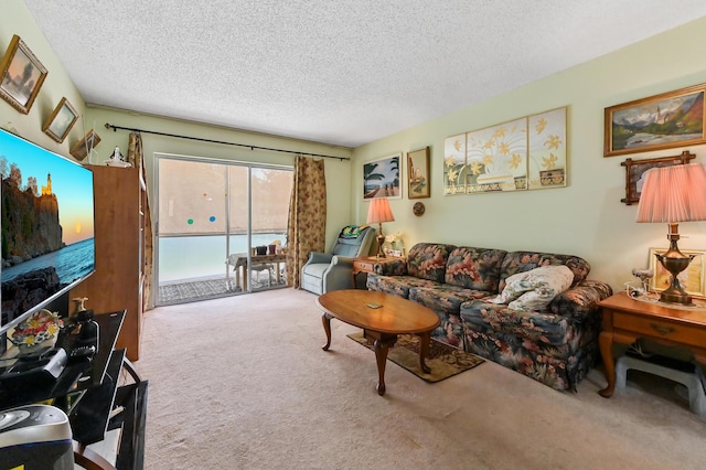 living area featuring carpet and a textured ceiling