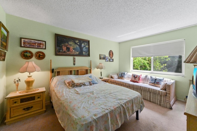 bedroom with carpet floors and a textured ceiling