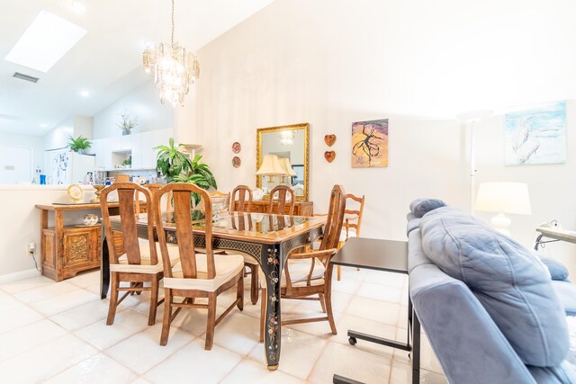 8306 Summersong Ter Unit B, Boca Raton, FL 33496 - dining space featuring an inviting chandelier, high vaulted ceiling, a skylight, light floors, and visible vents