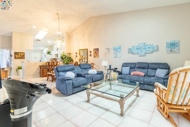 8306 Summersong Ter Unit B, Boca Raton, FL 33496 - living room featuring lofted ceiling, a notable chandelier, and light tile patterned floors