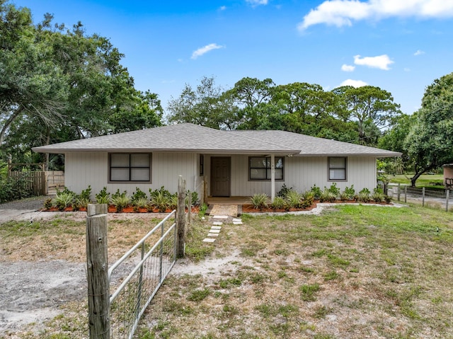 ranch-style house with covered porch and a shingled roof