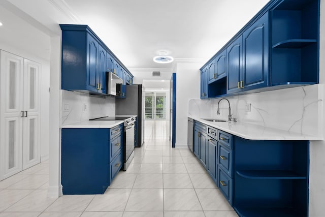 kitchen featuring open shelves, stainless steel appliances, a sink, blue cabinetry, and ornamental molding