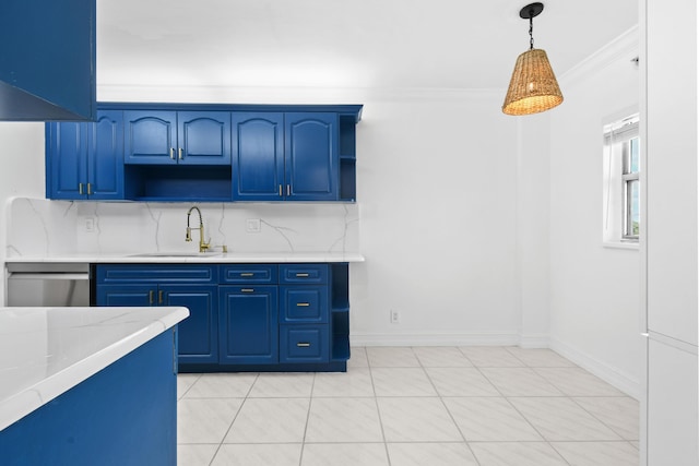 kitchen featuring a sink, stainless steel dishwasher, blue cabinets, hanging light fixtures, and ornamental molding