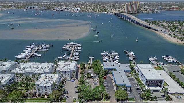 bird's eye view with a water view