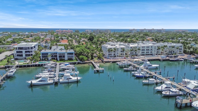birds eye view of property featuring a water view