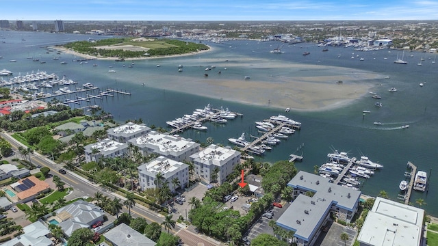 birds eye view of property featuring a water view