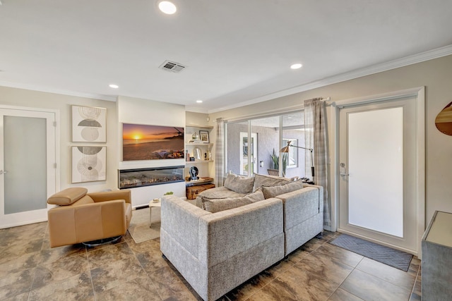 living area with ornamental molding, visible vents, and recessed lighting