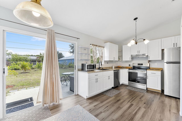 kitchen featuring appliances with stainless steel finishes, open shelves, a sink, under cabinet range hood, and wood finished floors