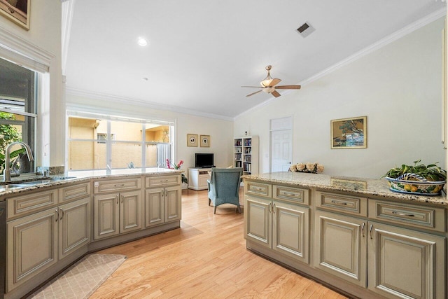 kitchen with lofted ceiling, a ceiling fan, light wood finished floors, visible vents, and a sink