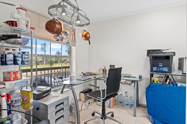 office featuring light tile patterned floors and ornamental molding
