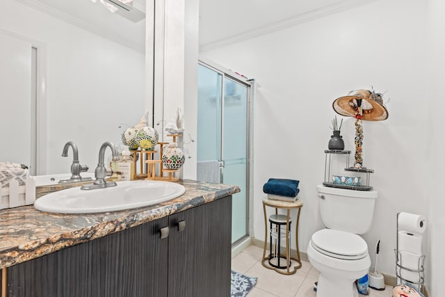 full bath featuring vanity, toilet, a shower stall, and tile patterned flooring