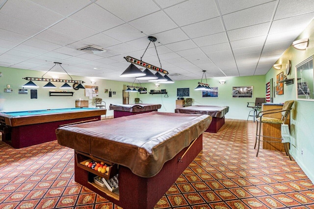 game room with pool table, baseboards, and a drop ceiling