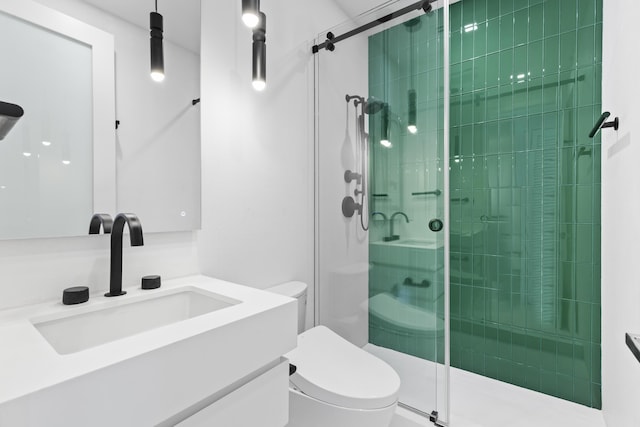 bathroom featuring a shower stall, toilet, and vanity