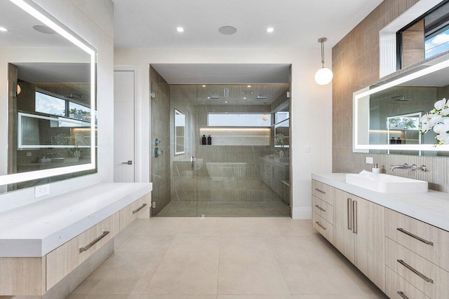 1445 NE 5th Ave, Boca Raton, FL 33432 - full bath with a stall shower, vanity, tile patterned floors, and recessed lighting