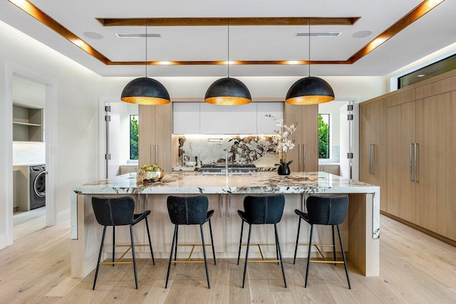 1445 NE 5th Ave, Boca Raton, FL 33432 - kitchen featuring a raised ceiling, washer / clothes dryer, modern cabinets, light wood-type flooring, and light stone countertops
