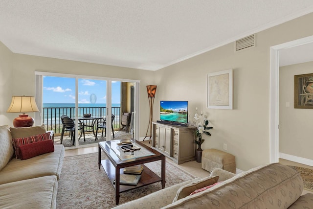 10200 S Ocean Dr Unit 303, Jensen Beach, FL 34957 - living room featuring ornamental molding, baseboards, and visible vents