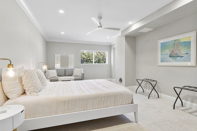 carpeted bedroom featuring ornamental molding, recessed lighting, baseboards, and a ceiling fan