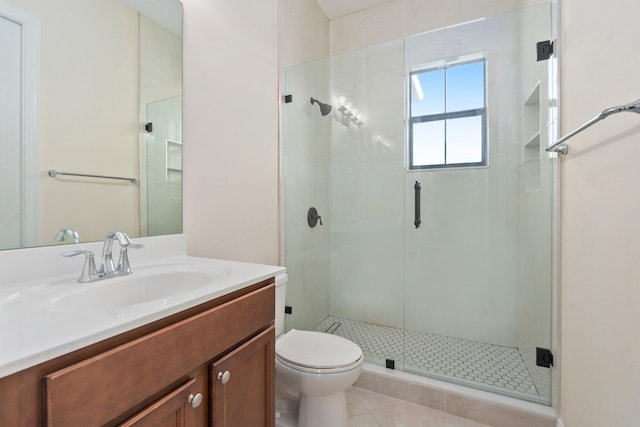 bathroom with a stall shower, tile patterned flooring, vanity, and toilet