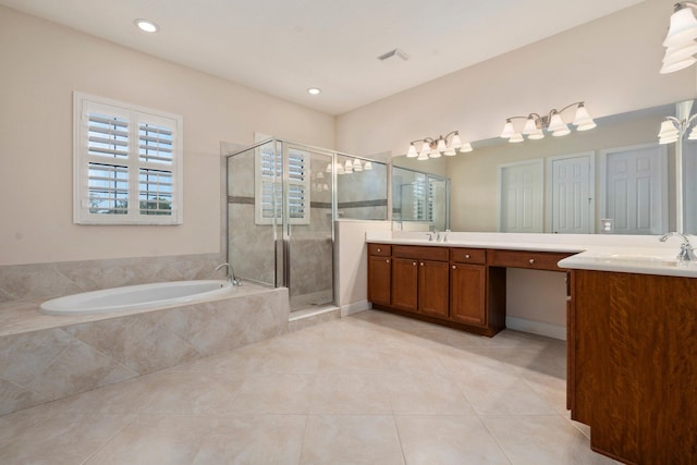 full bath featuring a garden tub, visible vents, tile patterned flooring, a shower stall, and vanity