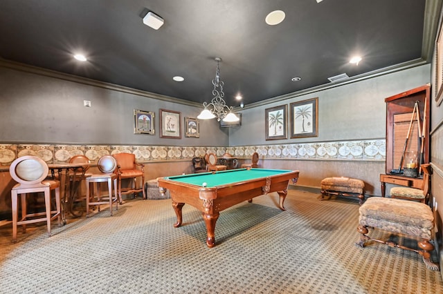 4240 San Marino Blvd Unit 108, West Palm Beach, FL 33409 - playroom featuring ornamental molding, wainscoting, carpet, pool table, and recessed lighting