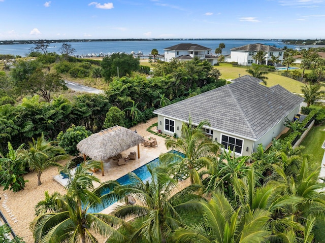 drone / aerial view with a water view