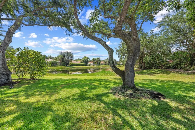 view of green lawn featuring a water view