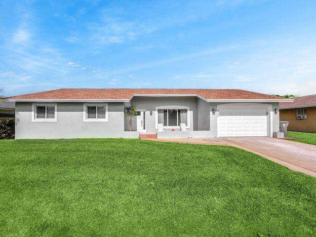 ranch-style home with an attached garage, stucco siding, a front yard, and concrete driveway