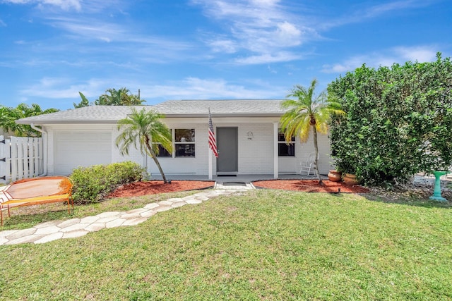654 Bunting Dr, Delray Beach, FL 33444 - ranch-style home with a front lawn, brick siding, an attached garage, and fence