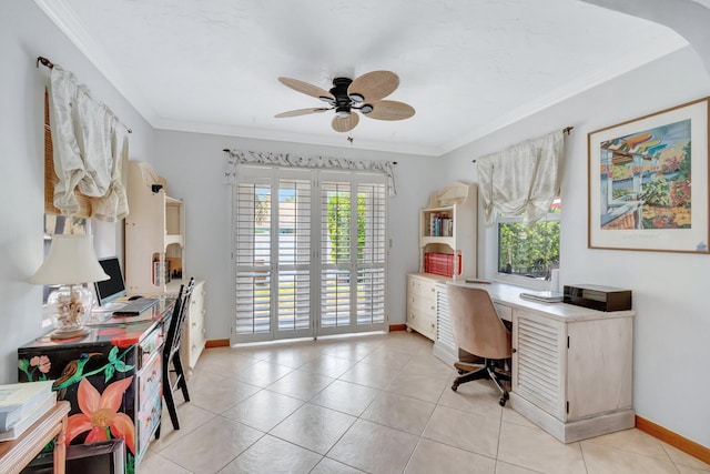 654 Bunting Dr, Delray Beach, FL 33444 - office featuring ornamental molding, baseboards, a ceiling fan, and light tile patterned floors