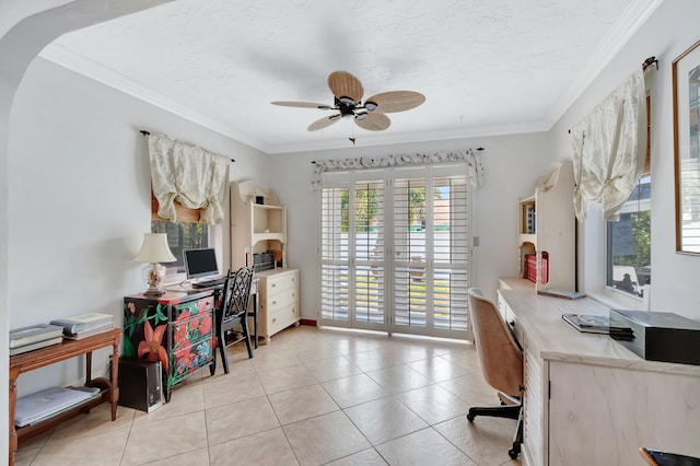 654 Bunting Dr, Delray Beach, FL 33444 - home office featuring ornamental molding, light tile patterned floors, and ceiling fan