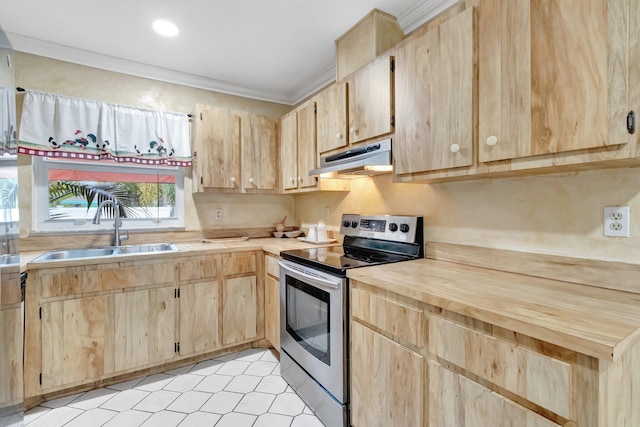 654 Bunting Dr, Delray Beach, FL 33444 - kitchen with light brown cabinetry, under cabinet range hood, a sink, crown molding, and stainless steel range with electric cooktop