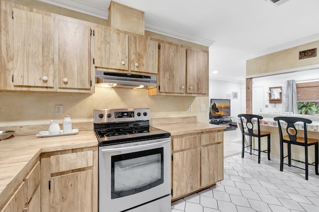 654 Bunting Dr, Delray Beach, FL 33444 - kitchen with stainless steel electric range oven and light brown cabinets