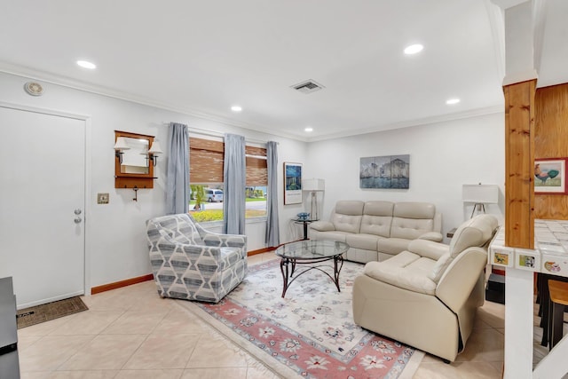 654 Bunting Dr, Delray Beach, FL 33444 - living area with crown molding, light tile patterned floors, visible vents, and recessed lighting
