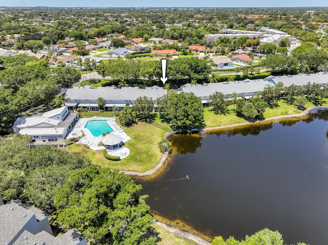 bird's eye view featuring a water view and a residential view