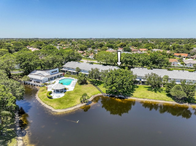 birds eye view of property featuring a water view