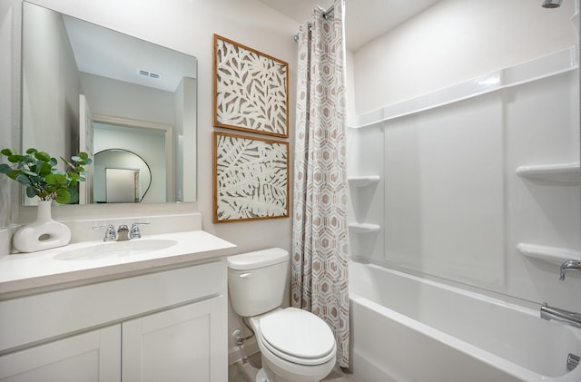 bathroom with vanity, toilet, shower / bathtub combination with curtain, and visible vents