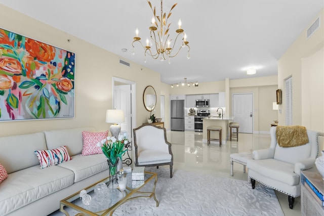 250 NE 3rd Ave Unit 1308, Delray Beach, FL 33444 - living room with a chandelier and light tile patterned flooring