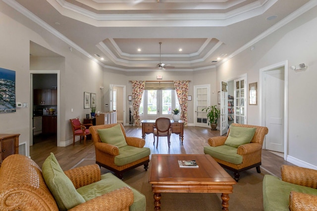 250 NE 3rd Ave Unit 1308, Delray Beach, FL 33444 - living room with french doors, ornamental molding, ceiling fan, wood finished floors, and a raised ceiling