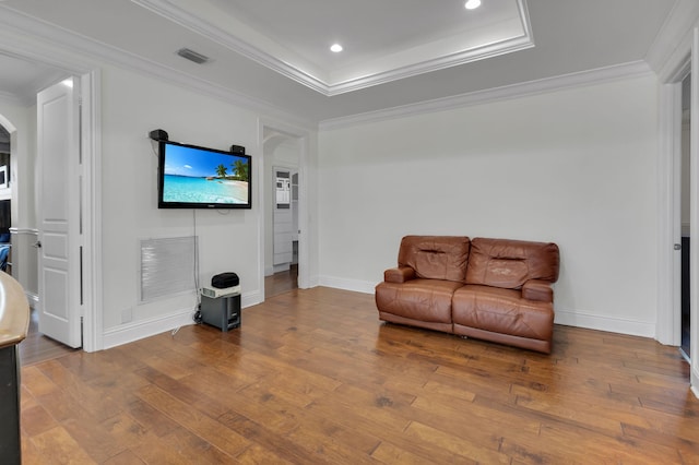 22175 Larkspur Trl, Boca Raton, FL 33433 - sitting room with arched walkways, hardwood / wood-style floors, crown molding, baseboards, and a tray ceiling