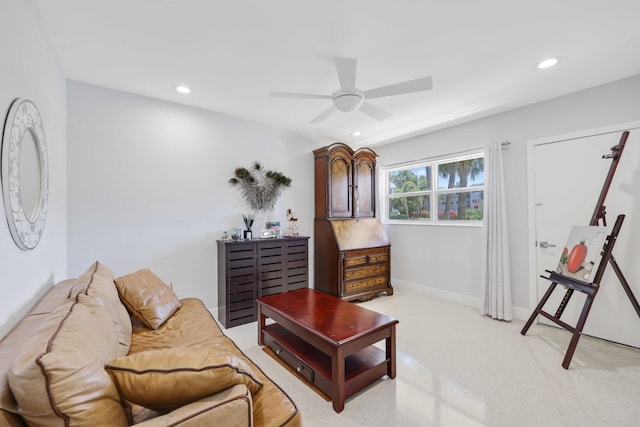 701 NE Harbour Ter Unit 103, Boca Raton, FL 33431 - living room with a ceiling fan, recessed lighting, and baseboards
