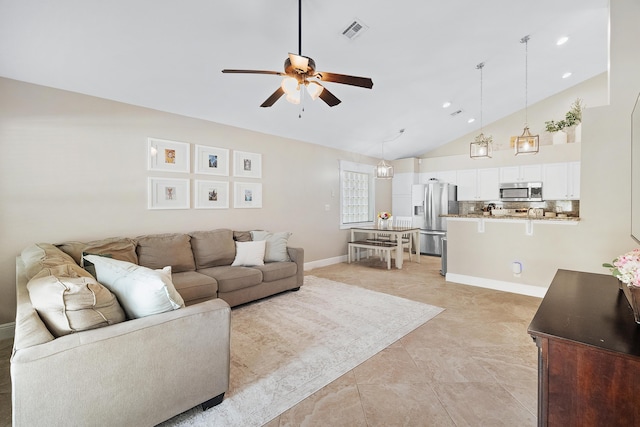 living room featuring a ceiling fan, recessed lighting, baseboards, visible vents, and high vaulted ceiling