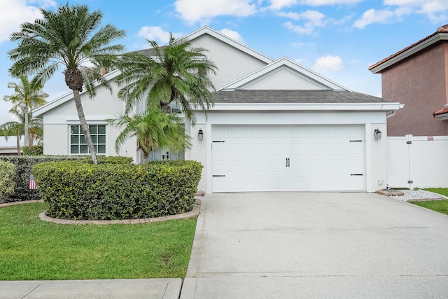 single story home with fence, an attached garage, concrete driveway, stucco siding, and a front lawn