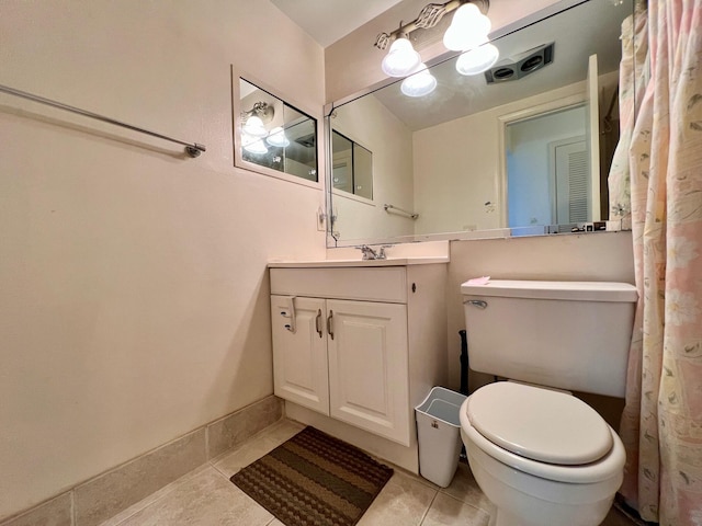 full bath with toilet, tile patterned floors, visible vents, a chandelier, and vanity