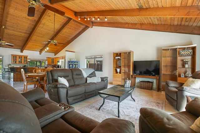 650 NW 48th Ave, Coconut Creek, FL 33063 - living room featuring ceiling fan, wood ceiling, light tile patterned floors, and beam ceiling